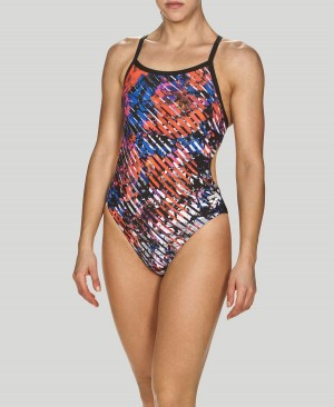 Arena Hyper Floral Stripes Challenge Back Badeanzug Rot Mehrfarbig | YXB05F-890