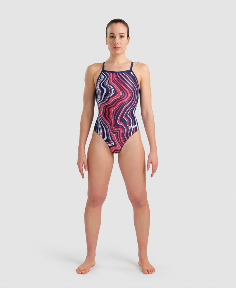 Arena Marbled Lightdrop Back Badeanzug Navy Rot Mehrfarbig | OGH62B-138