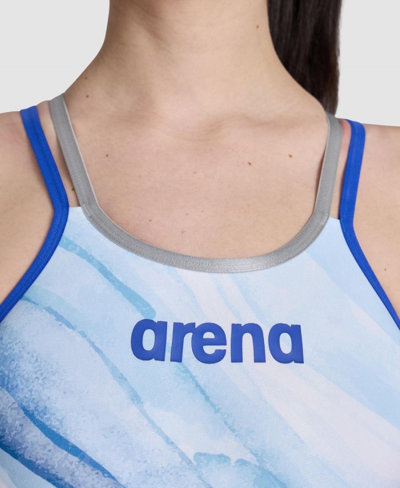 Arena One Dreams Double Cross Back Badeanzug Weiß Blau | LOW80C-729