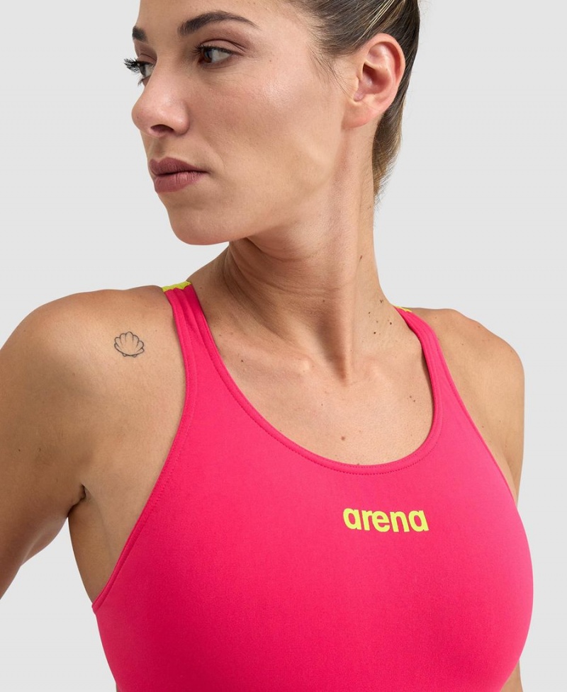 Arena Team Swim Tech Solid Badeanzug Rosa Grün | JQQ46F-409